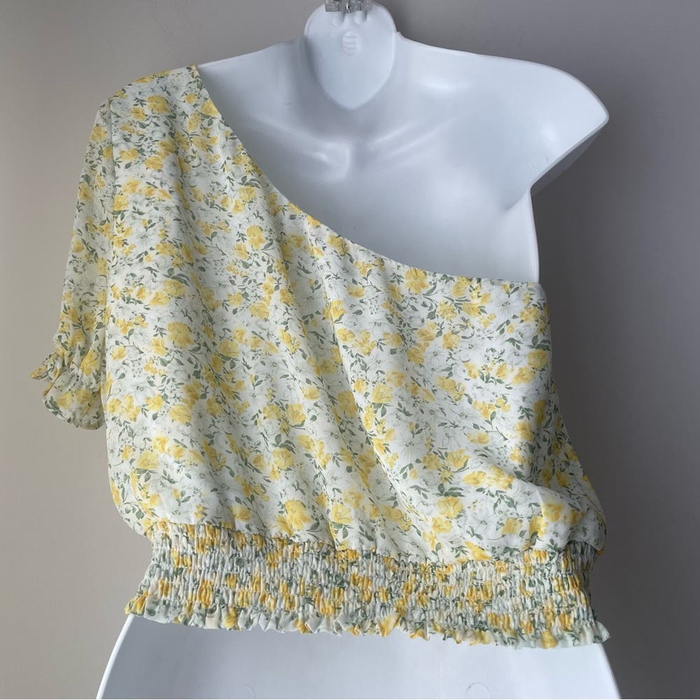 Lush Yellow Floral Print One Shoulder Sleeve Top Size Medium - Picture 3 of 8